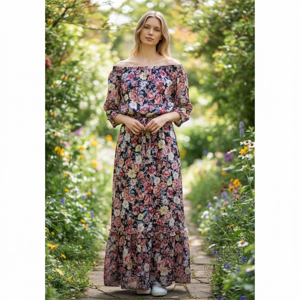 342. Floral Off-The-Shoulder Maxi Dress Cottagecore Boho Tiered Ruffle Gown
